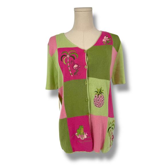 Vintage 1990s JENNY Flamingo Novelty Cardigan Sweater L NWT Tropical Embroidered - Picture 1 of 9